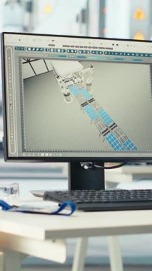 Arızalı sistemleri teşhis etmek için kullanılan boş fotovoltaik fabrikasındaki dikey video monitörü. Güneş panellerindeki masanın üzerindeki bilgisayar ekranı sistem işlevini sürdürmek için kullanılan fabrika imalatı