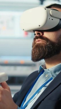 Dikey video fotovoltaik fabrikası uzmanı yenilenebilir enerji jeneratörlerinin modellerini yapmak için VR teknolojisini kullanıyor. Güneş panelleri, sanal gerçekliği kullanarak çevresel açıdan güvenli güneş hücreleri inşa eden teknisyen