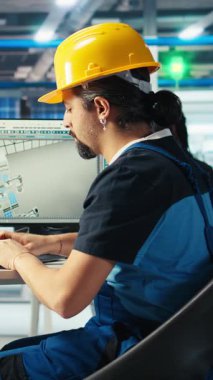 Dikey video güneş panelleri bitki mühendisleri, güneş enerjisinin nasıl kullanılacağını öğrenmek için evrak okuyorlar. Fotovoltaik fabrikası çalışanı verimliliği artırmak için belge dosyalarına bakıyor