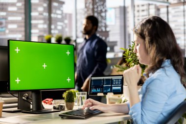 İşletme hedeflerine ulaşmak için kısa bir rapor hazırlayan, sahte ekran ile muhasebe görevleri için gelir dengesini inceleyen danışman. Kadınlar örgütsel kazancı artırmak için çok çalışıyorlar.