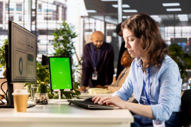 Ofis çalışanı, internetteki istatistikleri analiz ediyor. İş numaralarıyla kaynak tahsisi üzerinde çalışıyor. Masada girişimcilik çözümleri arayan profesyonel bir çalışan.