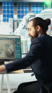 Fotovoltaik fabrikasındaki dikey video mühendisi iş arkadaşıyla konuşuyor, arızalı sistemleri teşhis ediyor. Güneş panelleri fabrika iş arkadaşlarını üretiyor. Kesintileri azaltmak için beyin fırtınası yapıyorlar.