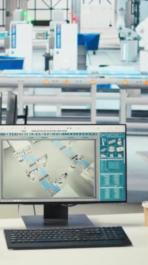 Boş fotovoltaik tesis sistem parametrelerini ayarlamak ve performansı artırmak için kullanılan dikey video görüntüsü. Güneş pillerindeki bilgisayar masası enerji kaynağını optimize eden tesis üretiyor.