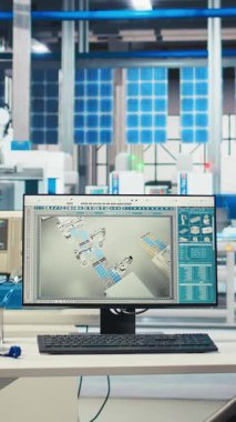 Boş fotovoltaik fabrikasında verileri analiz etmek ve sistem ölçümlerini gözden geçirmek için kullanılan dikey video bilgisayarı. Güneş panellerindeki bilgisayar fabrika sorunları üretiyor, teknik sorunlar çıkarıyor, tanı koyuyor