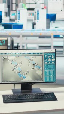 Güneş enerjisi sistemlerini incelemek için kullanılan güneş panellerindeki dikey video monitörü. Verimliliği arttırmak ve yenilik yapmak için kullanılan boş fotovoltaik fabrikasında bilgisayar görüntüsü