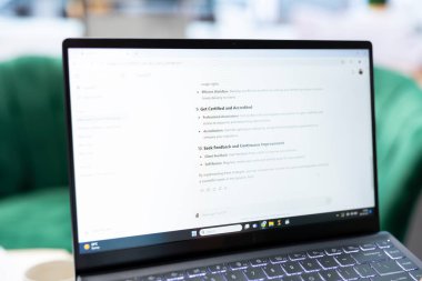 Bükreş, Romanya - 30 Temmuz 2024 - AI sohbet robotu, ofisinin genç CEO 'su, akıllı sohbet sitesi arayüzüne yanıt veriyor. Makine öğrenimi ve otomasyon.