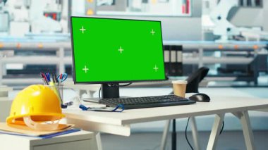 Yeni güneş enerjisi sistemi prototipleri geliştirmek için kullanılan boş güneş paneli üretim tesisinde krom anahtar bilgisayar. Yeni fotovoltaik materyalleri araştırmak için kullanılan yeşil ekran bilgisayar monitörü