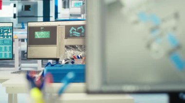 Fotovoltaik fabrikasındaki bilgisayar ekranındaki CAD programı güneş paneli montaj tesisi için üretim hatları tasarlamak için kullanılıyor. Boş güneş panellerindeki bilgisayar monitöründeki simülasyon yazılımı