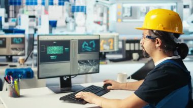 Fotovoltaik fabrikası mühendisi sarı başlık takıyor verileri analiz ediyor, sistem ölçümlerini gözden geçiriyor. Güneş panelleri, bilgisayar yazılımı ve kamera A ile teknik sorun giderme teknisyenleri