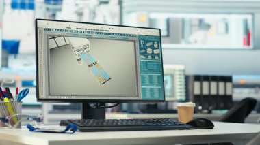 Yeşil enerjili güneş panelleri fabrikasındaki masada bilgisayar monitörü. Planları optimize etmek için CAD yazılımı kullanılıyor. Çevre dostu fotovoltaik fabrikasındaki bilgisayar programı maksimum enerji çıkışı için düzenlemeler yapıyor