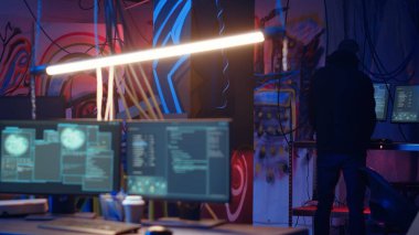 Kapüşonlu hacker grafiti resimleriyle dolu neon ışıklı yeraltı sığınağına geliyor. Siber suçlular renkli bodruma giriyor, sunucuları çökertebilen senaryolar üzerinde çalışmaya başlıyor, kamera B