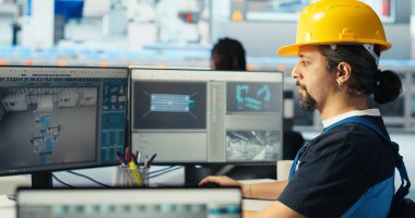 Fotovoltaik fabrikası mühendisi CAD yazılımı kullanıyor, tesis katında çalışma planlıyor. Güneş panelleri fabrika teknisyeni üretiyor. Bilgisayar, kamera B 'de montaj hatları dizayn ediyor.