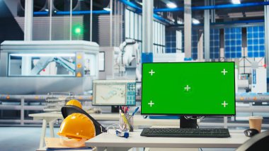 Yenilenebilir enerji jeneratörlerinin modellerini yapmak için kullanılan boş fotovoltaik fabrikasındaki izole ekran bilgisayarı. Güneş panellerindeki krom anahtar bilgisayar çevresel olarak güvenli güneş hücreleri oluşturmak için kullanılır.