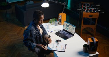 Evden iş toplantısına hazırlanan bir kadın pazarlama stratejisi tasarlayan çizelgelere bakıyor. Teleworker başlangıç organizasyonu için araştırma analizi yapıyor, kamera B