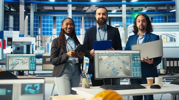 Fotovoltaik fabrikasında çalışan neşeli müfettişlerin arızalı sistem teşhisi koyan portresi. Güneş panellerini inceleyen mutlu yöneticilerden oluşan bir ekip dinlenme süresini azaltmak için tesis üretiyor, kamera A