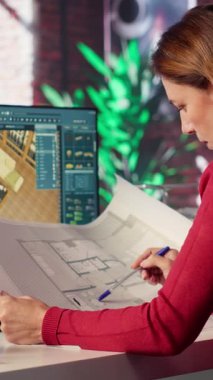 Dikey Video Freelancer tasarımcısı, elementleri yapılandırmak için mimari yazılım kullanarak bilgisayarın planlarını kullanarak apartman zeminini dekore ediyor. Kadın görüntüleme ve 3B modellemeyi etkinleştirmek için arayüz kullanır