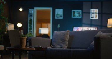 Modern dekorlu, modaya uygun elektronik aletleri olan rahat bir daire, şık bir minimalist stüdyo dairesi, akıllı bir televizyonu ve kahve masası olan. İçerideki bitkilerle rahat bir ev..