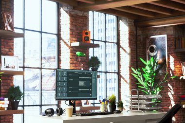 AI LLM Chatbot yazılım arayüzü merkez ofisteki PC 'de sanal yardımcı kullanıcı cevapları gösteriyor. Kullanıcı ile yapay zeka yoluyla iletişim kuran geniş bir dil modeli programı