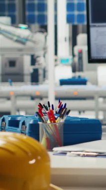 Dikey video araştırma ve geliştirme fotovoltaik fabrikası, güneş panellerini montaj hatlarına yerleştiren robotların performansını denetlemek için kullanılır. Güneş enerjisiyle boş tesis zemininin görüntüsü.