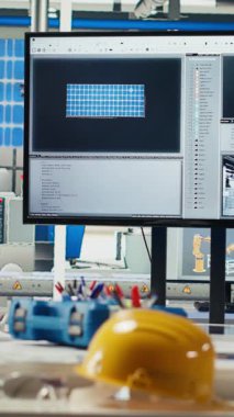 Boş fotovoltaik fabrika izleme sistemi performansında dikey görüntü. Sürdürülebilir güneş panellerindeki enerji üretimini ve verimliliğini takip eden fabrika imalatı monitörü, çekime devam et