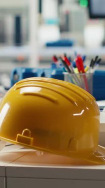 Güneş paneli montaj tesisi için üretim hatları tasarlamak için kullanılan fotovoltaik fabrikasında dikey video izleme programı ekranda. Boş güneş panelleri tesisinde simülasyon yazılımı monitörde