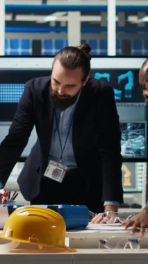 Dikey video yatırımcıları, güneş paneli üretimi için stratejik finansman konusunu görüşmek üzere fabrika yöneticileriyle bir araya geldiler. Endüstriyel fabrika hissedarları iş büyümesi ve pazar büyümesi hakkında konuşuyor, kamera B