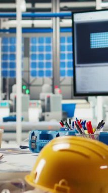 Yeşil enerjili güneş panelleri fabrikasındaki dikey video monitörü. Planları optimize etmek için kullanılan bir yazılım. Çevre dostu fotovoltaik fabrikasındaki bilgisayar programı maksimum enerji çıkışı için düzenlemeler yapıyor