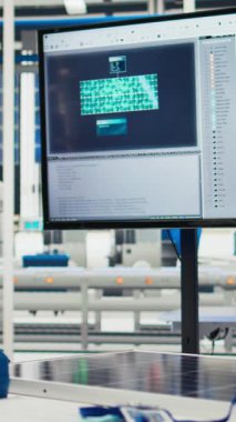 Boş fotovoltaik fabrika izleme sistemi performansında dikey görüntü. Sürdürülebilir güneş panellerindeki enerji üretimini ve verimliliğini takip eden fabrika imalatı monitörü, çekime devam et