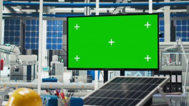 İzole ekran görüntüsü güneş panelleri tesisi, sorun yaratan teknik sorunlar. Veri analizi ve sistem ölçümleri için kullanılan fotovoltaik fabrikasındaki model monitörü