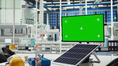 Arızalı sistemleri teşhis etmek için kullanılan boş fotovoltaik fabrikasında kroma anahtarı model monitörü. Güneş panellerinde izole ekran görüntüsü. Kapanma durumunda alarma geçmek için kullanılan üretim tesisi.