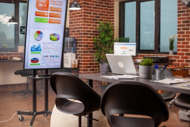 Profesyonel düzeneği ve iş analizi için dijital ekranı olan boş tuğla ofis. Boş toplantı odası, çalışanların modern teknolojiyle finansal strateji fikirleri üzerinde beyin fırtınası yapmaya hazır..