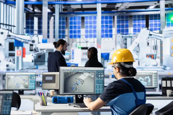 İşlevsel yetersizlikleri tespit etmek için güneş enerjisi fabrikası sistem kayıtlarını inceleyen mühendis. Fotovoltaik fabrika çalışanı PC 'deki verileri izliyor, üretim parametrelerini ayarlıyor