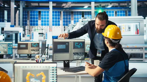 Güneş paneli imalat müdürü bilgisayar mühendisine yeni güneş enerjisi sistemleri için prototiplerin nasıl geliştirileceğini gösteriyor. Takım lideri teknisyene yeni fotovoltaik materyallerden bahsediyor, kamera A