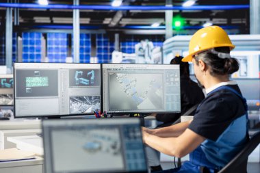 PC kullanarak güneş paneli tasarımlarının performans testlerini yapan fotovoltaik fabrikası uzmanı. Çalışan bilgisayar monitörüne bakıyor, maliyet düşüşü için mevcut güneş paneli ayarlarını geliştiriyor