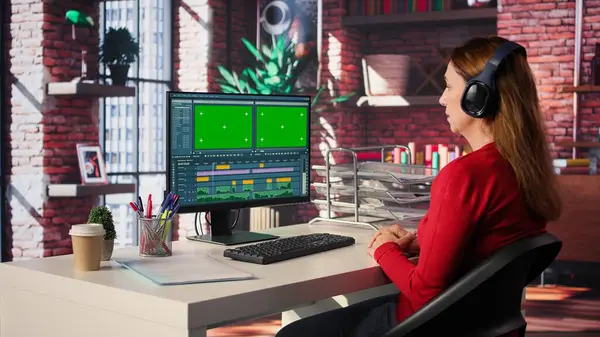 Bir film post prodüksiyon yazılımı kullanarak yeşil ekranlı bir filmin montajı üzerinde çalışan kadın video yapımcısı. Kadın video editörü sinema film kurgu endüstrisini kuruyor. Kamera B.