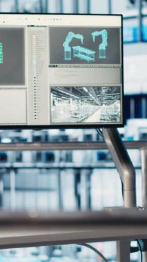 Endüstriyel otomasyon yazılımını gösteren dikey video monitörü. Robotik kolları, modüler üretim birimleri, bağlı makineleri ve kontrol sistemleri olan 4.0 akıllı fabrika.