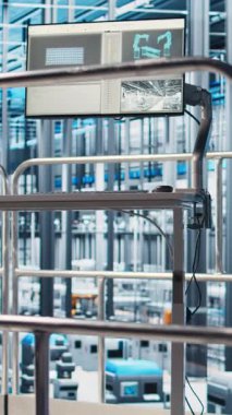 Gelişmiş sensörlerle donatılmış 4.0 endüstriyel santralde görüntülenen dikey video izleme yazılımı. Akıllı fabrikada gösterilen program veri toplama ve analiz etme, yükseltme görüntüsü