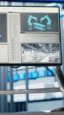 Sektör 4.0 'daki dikey video monitörü gelişmiş sensörlerle donatılmış akıllı sanayi tesisi, verileri toplayıp analiz eden gömülü yazılım ve robotlar, daha iyi kararlar alınmasına olanak sağlıyor.