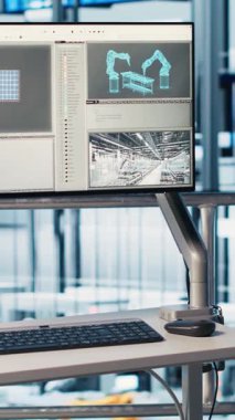 Sanayi 4.0 fotovoltaik fabrika ekipmanları için endüstriyel analitik gösterge panelini gösteren dikey video monitörü. Güneş panelleri akıllı fabrika görüntüleme robotik silah performans ve metrikleri görselleştirme