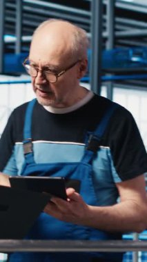 Sektör 4.0 güneş panelleri fabrikası mühendisleri tarafından yapılan kesintileri azaltmak için yapılan dikey video denetleyicisi denetimi. Photovoltaics akıllı fabrika yöneticisi işçilere hasarlı IoT sensörlerini tamir etme görevi veriyor