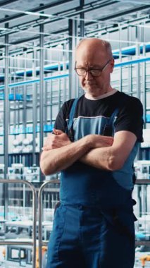 Dikey video Mutlu Endüstri 4.0 güneş panelleri yaşlı denetleme tesisi bitki. Gülümseyen fotovoltaik zeki fabrika yöneticisi PV materyalleri ve kamera A 'yı araştıran işçileri denetliyor.