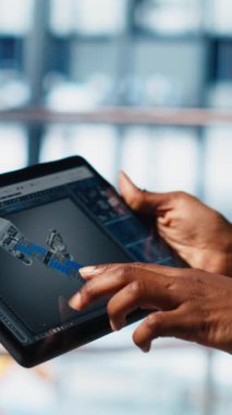 Dikey video Photovoltaic akıllı fabrika uzmanı CAD yazılımında üretim hatları tasarlamak için tablet kullanır. Sanayi 4.0 güneş panelleri fabrika çalışanı, zemin planlarını optimize etmek için aygıt kullanır. Kamera A