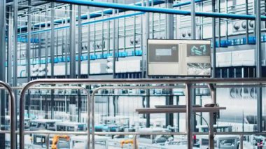 Endüstriye bakan endüstriyel otomasyon yazılımını gösteren monitör. Robotik kolları, modüler üretim birimleri, bağlı makineleri ve kontrol sistemleri olan 4.0 akıllı fabrika.