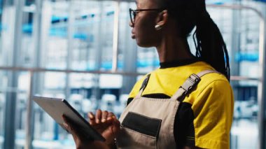 Endüstri 4.0 endüstriyel fabrika uzmanı tablet kullanarak otomatikleştirilmiş makineleri kontrol ederek iş akışının devamlılığını sağlıyor. Akıllı fabrika çalışanı, robot silah ve taşıma bantlarını cihaz, kamera A ile yönetiyor.