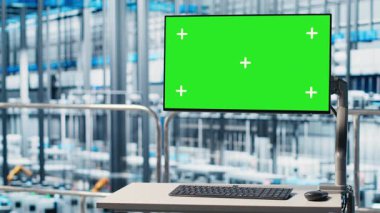 Gelişmiş sensörlerle donatılmış endüstriyel santraldeki yeşil ekran model monitöründe izleme yazılımı görülüyor. Akıllı fabrikada krom anahtar görüntüleme programı veri toplama ve analiz