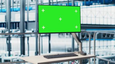 Endüstriyel otomasyon yazılımını gösteren yeşil ekran monitörü sektör 4.0 akıllı fabrika. Model aygıtı robotik kolları, bağlı makineleri ve kontrol sistemlerini görüntüler