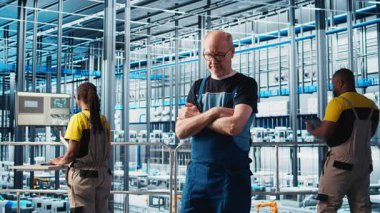 Mutlu endüstri 4.0 güneş panelleri yaşlı denetleme tesisini kuruyor. Gülümseyen fotovoltaik zeki fabrika yöneticisi PV materyalleri ve kamera A 'yı araştıran işçileri denetliyor.