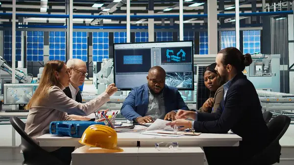 Fabrika müdürü, üretimi genişletme amaçlı yenilikçi stratejilerin altını çizerek iş modellerini yatırımcılara sunuyor. Hissedarlar otomasyon teknolojisini endüstriyel santral ve kamera A 'ya entegre etmeyi tartıştılar.