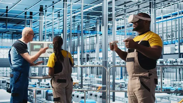 Sanal gerçeklik teknolojisini kullanan mühendis 4.0 güneş paneli yenilenebilir enerji üretiyor. Fotovoltaik teknisyeni. Akıllı fabrika. VR kulaklık ve kamera A kullanarak veri analiz ediyor.