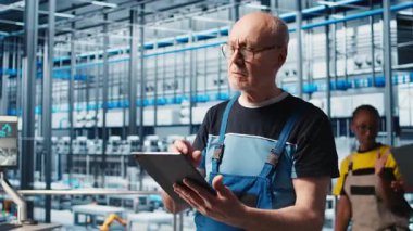 Akıllı fabrikada kıdemli mühendis güvenilirlik ve güvenliği sağlamak için otomatik sistemleri titizlikle test ediyor. Teknisyen, algılayıcı verilerine ve kamera A 'ya dayanarak darboğazları tanımlıyor ve ekipmanları optimize ediyor.
